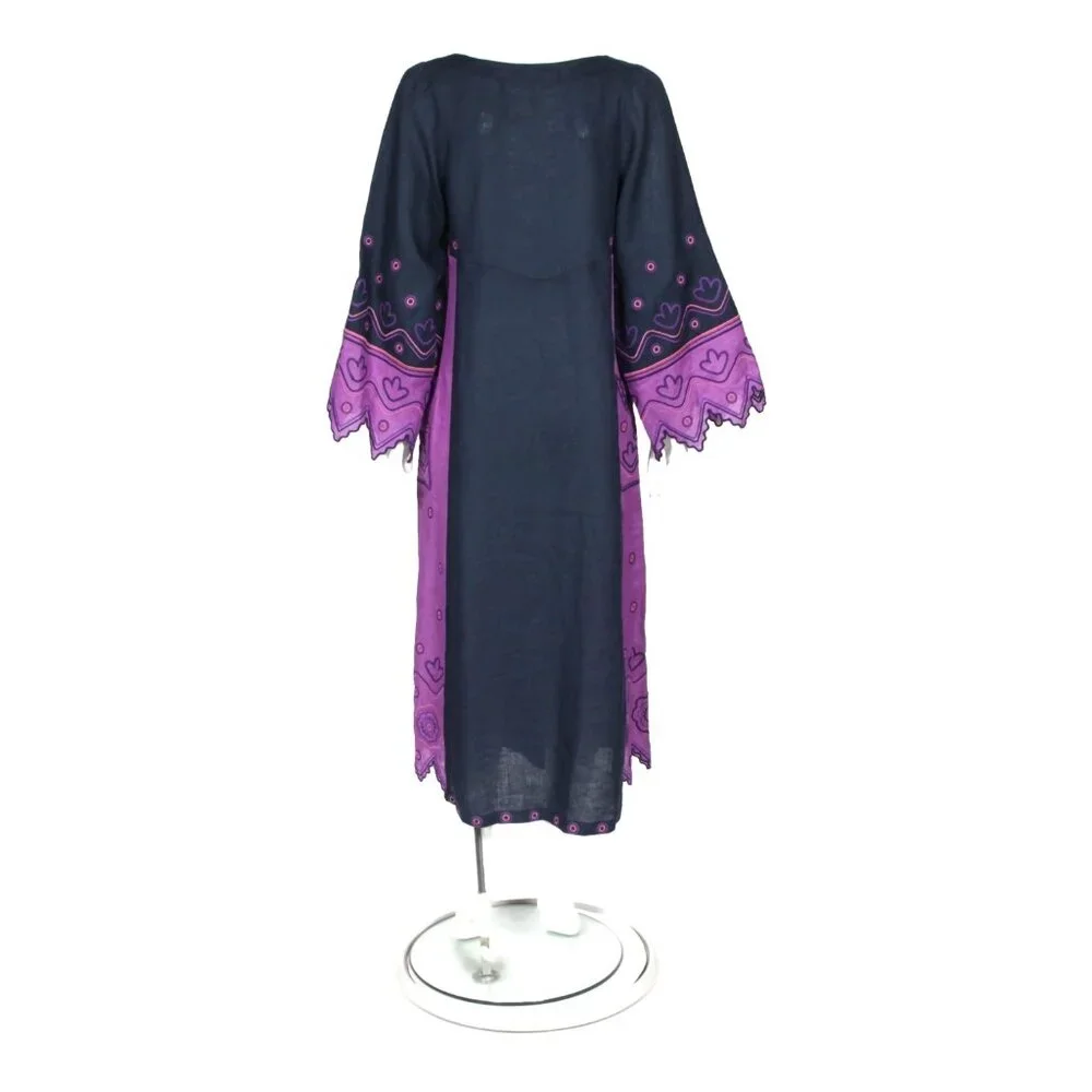 ETNODIM Embroidered Angel Sleeve Linen Navy Blue Violet Purple Maxi Dress XS 742 - Picture 4 of 7